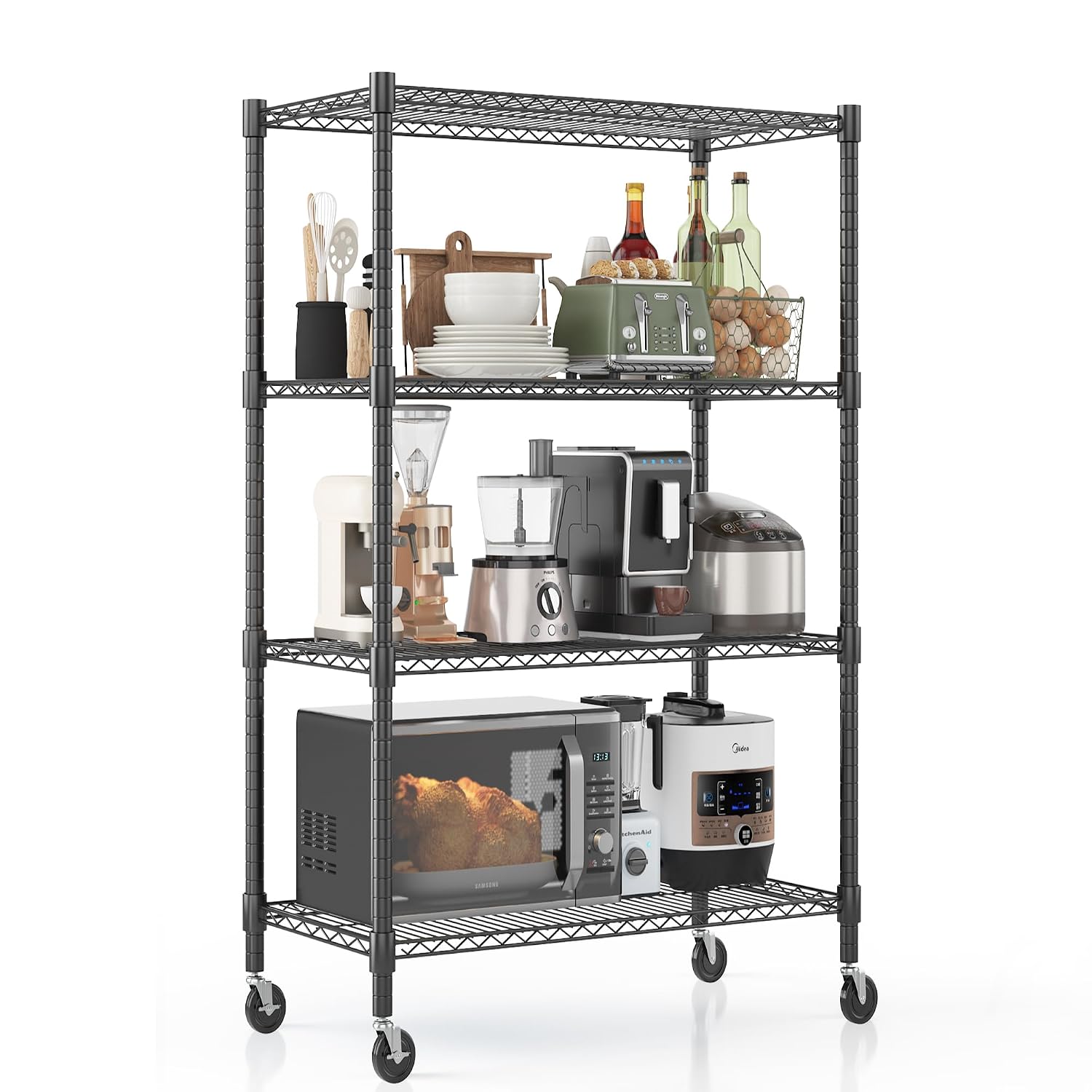 Commercial Kitchen On Wheels - ชั้นวางของโลหะ 4 ชั้น ปรับระดับได้ พร้อมล้อเลื่อน, ชั้นวางของสำหรับโรงรถ/ห้องครัว/ห้องเก็บของเชิงพาณิชย์,
