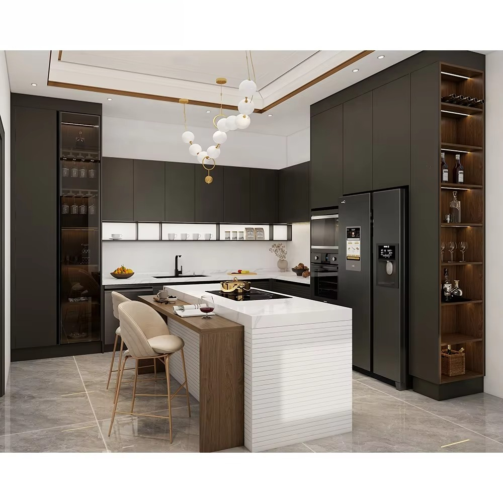 Commercial Kitchen Manufacturers - ตู้ครัวเมลามีนไม้สไตล์โมเดิร์นจากผู้ผลิตในจีน พร้อมท็อปเคาน์เตอร์หินอ่อนเทียม ก๊อกน้ำ และดีไซน์แบบโมดูล