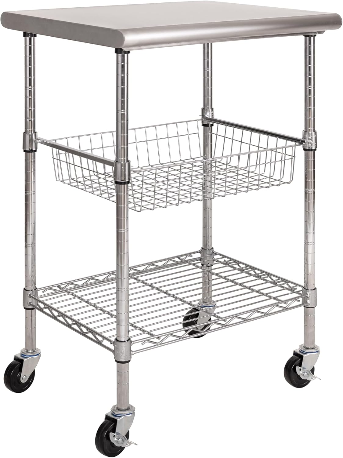 Commercial Kitchen On Wheels - โต๊ะเตรียมอาหารสแตนเลสสำหรับใช้งานเชิงพาณิชย์, ชุดครัวเคลื่อนที่พร้อมชั้นวางอเนกประสงค์, ชั้นวางลวดปรับระดับได้และตะกร้าเลื่อนพร้อมล้อล็อกได้สำหรับการปรุงอาหาร, อบขนม และเตรียมอาหาร