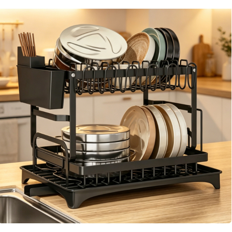 Commercial Kitchen Floor Drain - ชั้นวางจานโลหะ 2 ชั้น ขนาดใหญ่ พรีเมียม พร้อมถาดรองน้ำ