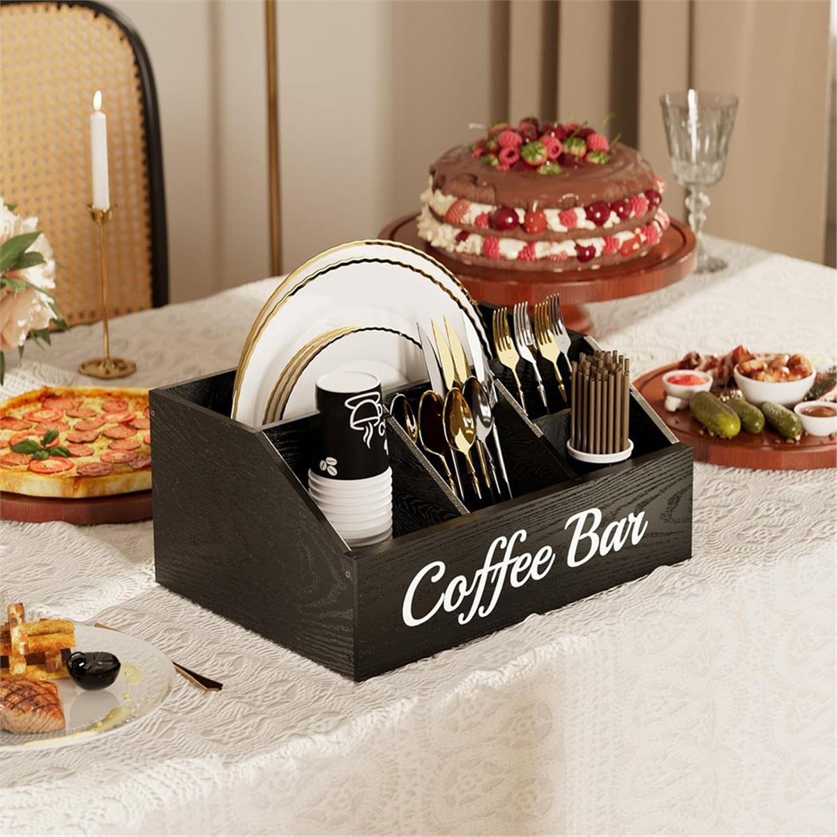 Commercial Kitchen Manufacturers - ที่จัดระเบียบอุปกรณ์กาแฟ PHONE&GEAR สำหรับวางบนเคาน์เตอร์ ที่จัดระเบียบบาร์กาแฟไม้ พร้อมช่องแบ่งปรับได้สำหรับห้องครัว
